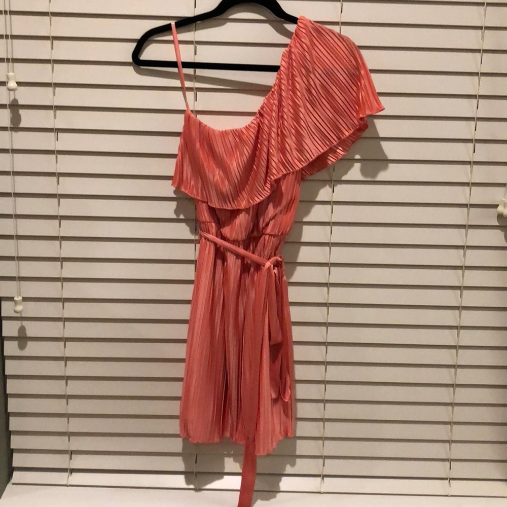 Coral pleated one shoulder knee length dress
